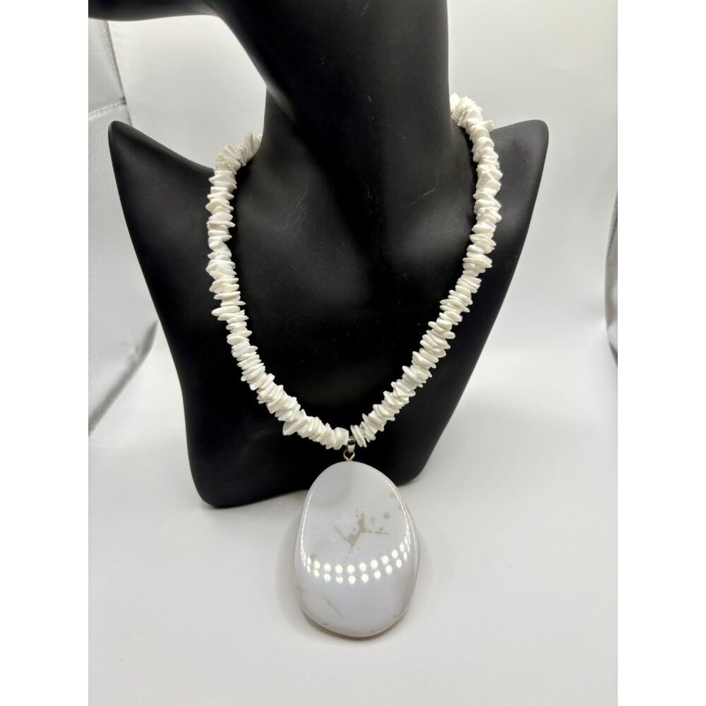 White Puka Shell Chip Necklace with Large Glass Pendant Beaded Boho